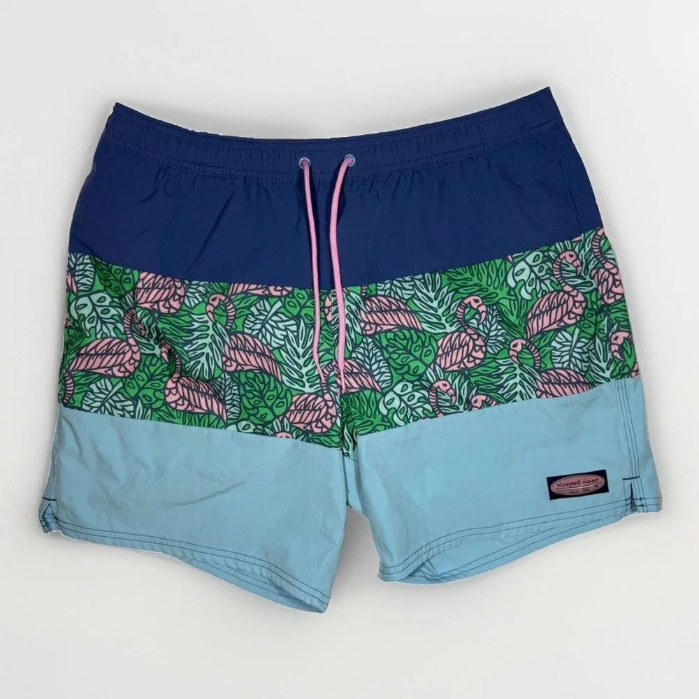 Vineyard Vines Men's Swim Trunks Flamingo Tropical Print Blue Size L